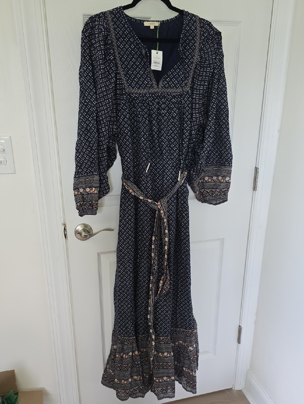 AE 77 Navy Printed Boho Maxi Dress with Tie Belt